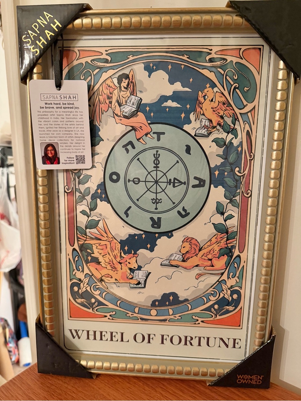 NEW Sapna Shah wall art ’The Wheel of Fortune’ Carved wood frame. 18"x 12” RARE.
